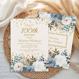 ダスティブルー ホワイト フラワー ゴールド 100歳の誕生日 招待状