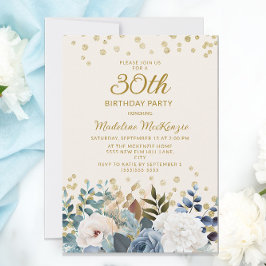 ダスティブルー ホワイト フラワー ゴールド 30歳の誕生日 招待状