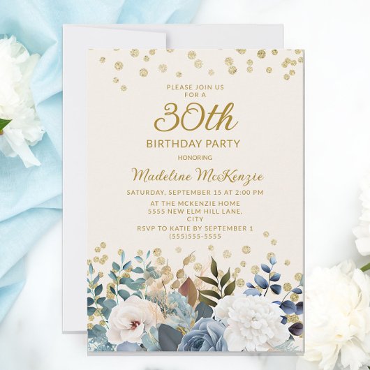 ダスティブルー ホワイト フラワー ゴールド 30歳の誕生日 招待状