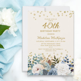 ダスティブルー ホワイト フラワー ゴールド 40歳の誕生日 招待状