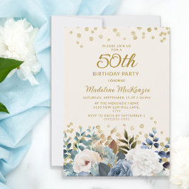 ダスティブルー ホワイト フラワー ゴールド 50歳の誕生日 招待状