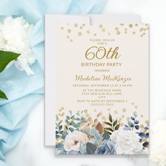 ダスティブルー ホワイト フラワー ゴールド 60歳の誕生日 招待状
