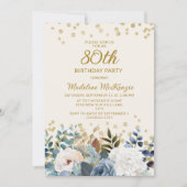 ダスティブルー ホワイト フラワー ゴールド 80歳の誕生日 招待状 (正面)