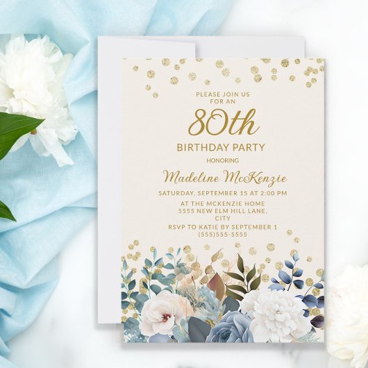 ダスティブルー ホワイト フラワー ゴールド 80歳の誕生日 招待状