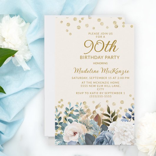 ダスティブルー ホワイト フラワー ゴールド 90歳の誕生日 招待状