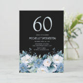 ダスティブルー ホワイト フラワー ブラック 60歳の誕生日 招待状 (スタンド正面)
