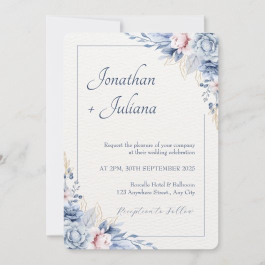 ダスティブルー&赤面ウォーターカラーフローラ 招待状 (正面)