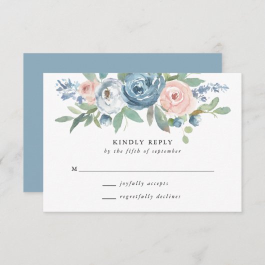 ダスティブルー&赤面バラウェディングRSVPカード 出欠カード (正面/裏面)