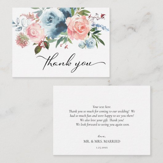 ダスティブルー&赤面ピンクフローラありがとう ノートカード (正面/裏面)