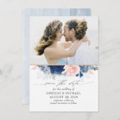 ダスティブルー&赤面ピンクフローラ日付写真を保存 案内状 (正面/裏面)