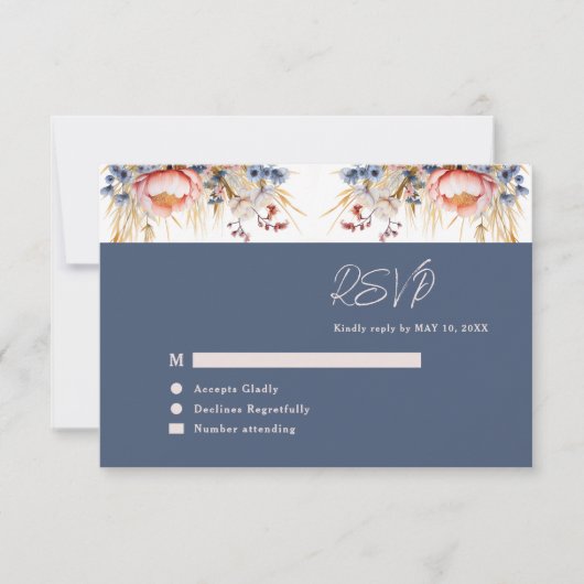 ダスティブルー&赤面ピンクフローラ水の色結婚's 出欠カード (正面)