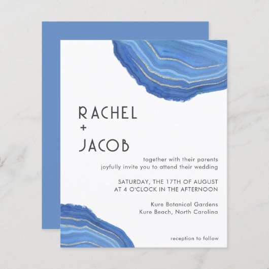 ダスティブルー&金ゴールドアゲートサマー結婚式招待状 (正面/裏面)