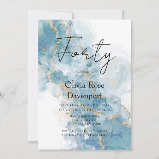 ダスティブルー&金ゴールドアルコールインク40th誕生日パーティー 招待状 (正面)