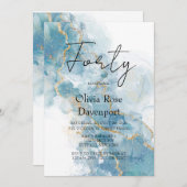 ダスティブルー&金ゴールドアルコールインク40th誕生日パーティー 招待状 (正面/裏面)