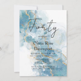 ダスティブルー&金ゴールドアルコールインク40th誕生日パーティー 招待状