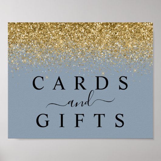 ダスティブルー&金ゴールドグリッターカード&ギフトテーブルサイン ポスター (正面)