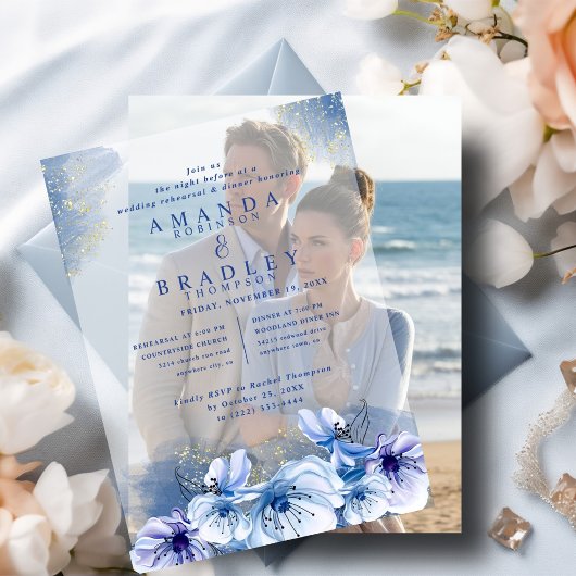 ダスティブルー&金ゴールドグリッター結婚ズリハーサルディナー ベラム紙招待状