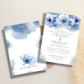 ダスティブルー&金ゴールドグリッター結婚ズリハーサルディナー 招待状