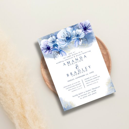 ダスティブルー&金ゴールドグリッター結婚ズリハーサルディナー 招待状