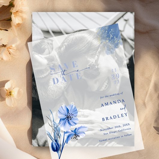 ダスティブルー&金ゴールドグリッター結婚式の日付を保存 ベラム紙招待状