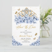 ダスティブルー&金ゴールドティアラデイトクインセアニラを保存 招待状 (スタンド正面)