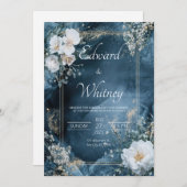 ダスティブルー&金ゴールドフローラ結婚式招待状 招待状 (正面/裏面)