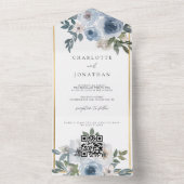 ダスティブルー&金ゴールド水彩フローラ結婚ズ オールインワン招待状 (内側)