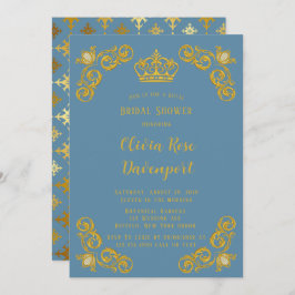 ダスティブルー&金ゴールド王室のクラウンダマスクブライダルシャワー 招待状
