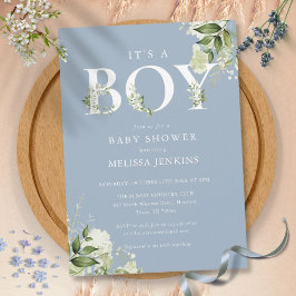 ダスティブルー It's A Boy 緑の葉の文字 赤ちゃんのお披露目 招待状