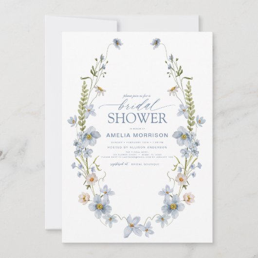 ダスティブルーQRコードガーデンヴィンテージブライダルシャワー 招待状 (正面)