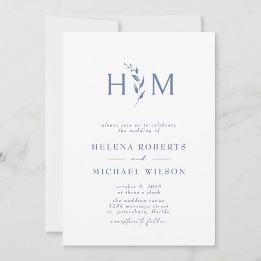ダスティブルーQRコードRSVPボタニカルモノグラム結婚ズ 招待状 (正面)