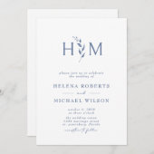 ダスティブルーQRコードRSVPボタニカルモノグラム結婚ズ 招待状 (正面/裏面)