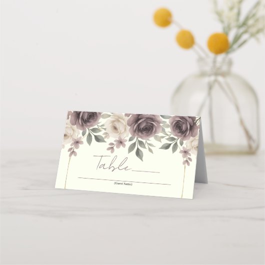 ダスティマウヴ&アイボリー開花ボタニカル結婚ズ プレイスカード (正面)