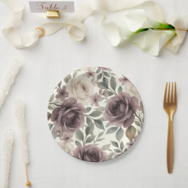 ダスティマウヴ&アイボリー開花ボタニカル結婚ズ ペーパープレート