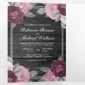 ダスティメイブパープルピンクローズQRコードウッド結婚ズ 三つ折り招待状 (内部最初)