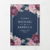 ダスティメイブパープルピンクローズQRコードネイビー結婚ズ 三つ折り招待状 (カバー)
