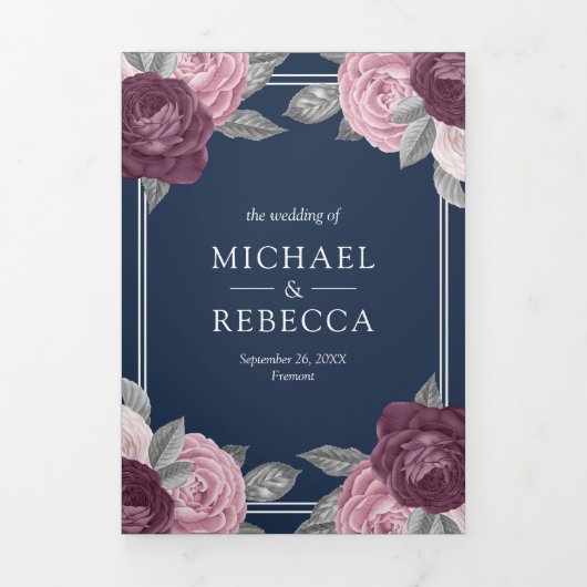 ダスティメイブパープルピンクローズQRコードネイビー結婚ズ 三つ折り招待状 (カバー)