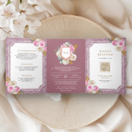 ダスティメイブピンクフローラオールインワンクレスト結婚ーズ 三つ折り招待状