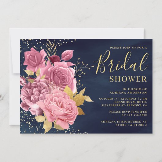 ダスティメイブピンクフローラネイビーブルーブライダルシャワー 招待状 (正面)
