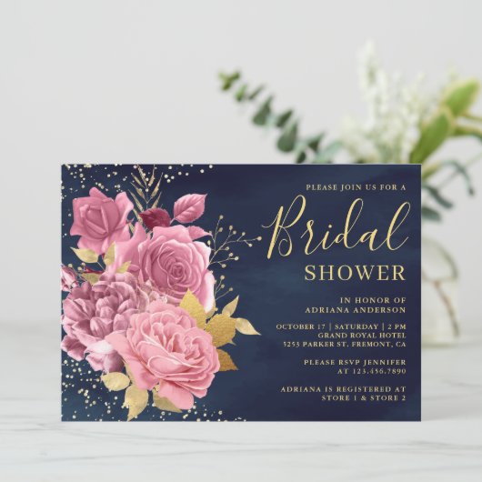 ダスティメイブピンクフローラネイビーブルーブライダルシャワー 招待状 (スタンド正面)