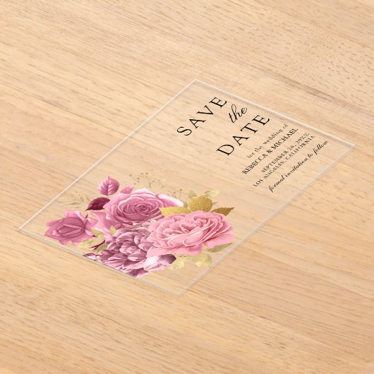 ダスティメイブピンクフローラ金ゴールド結婚式の日付を保存 アクリル招待状 (レイダウン)
