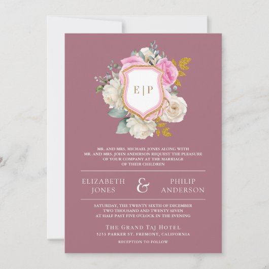 ダスティメイブピンクフローラQRコードクレスト結婚ズ 招待状 (正面)