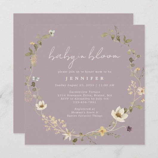 ダスティメイブワイルドフラワーベビーイン開花ベビーシャワー 招待状 (正面/裏面)