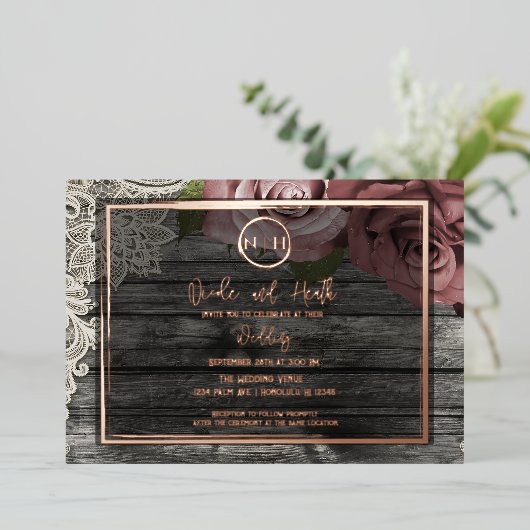 ダスティメイヴバラピンクウッドレース素朴ズ結婚ズ 箔招待状 (立ち正面)