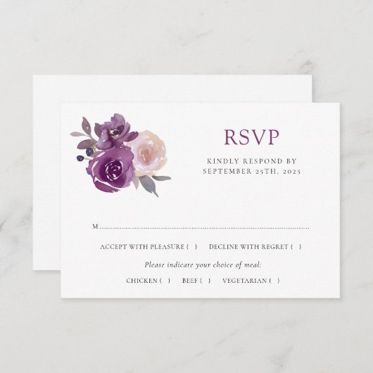 ダスティメイヴパープル赤面フローラボタニカル結婚ズ 出欠カード (正面/裏面)