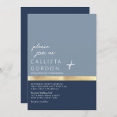 ダスティモダンネイビーブルー金ゴールドカラーブロック結婚ズ 招待状 (正面/裏面)