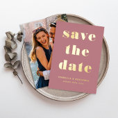 ダスティモダンピンクの写真の日付金ゴールドを保存 箔招待状