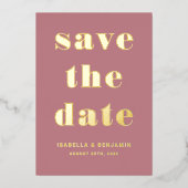 ダスティモダンピンクの写真の日付金ゴールドを保存 箔招待状 (正面)