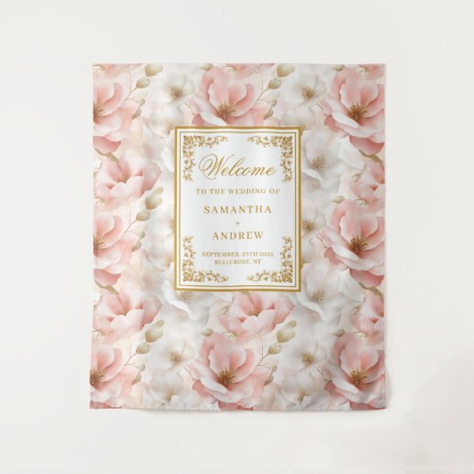 ダスティモダンピンクアイボリー金ゴールド結婚ズバナー タペストリー (正面)