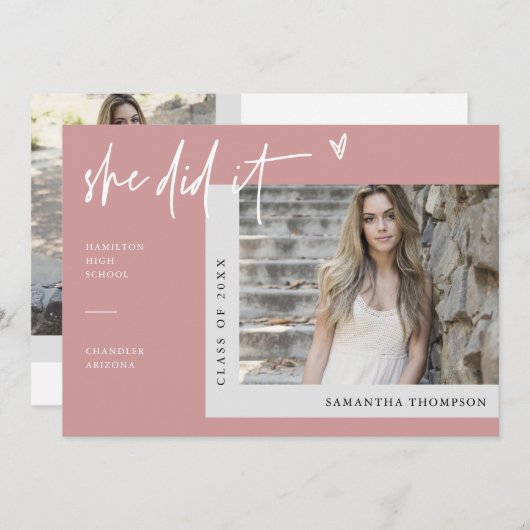 ダスティモダンピンクボホ彼女は卒業写真を撮った 招待状 (正面/裏面)